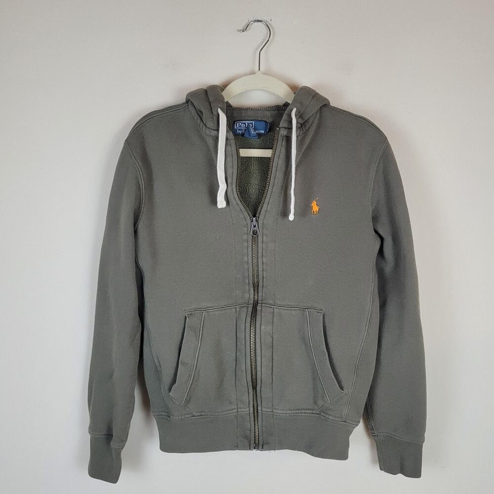 VTG Polo Ralph Lauren Hoodie Mens Small Green Fleece Zip Orange Pony Logo Waffle